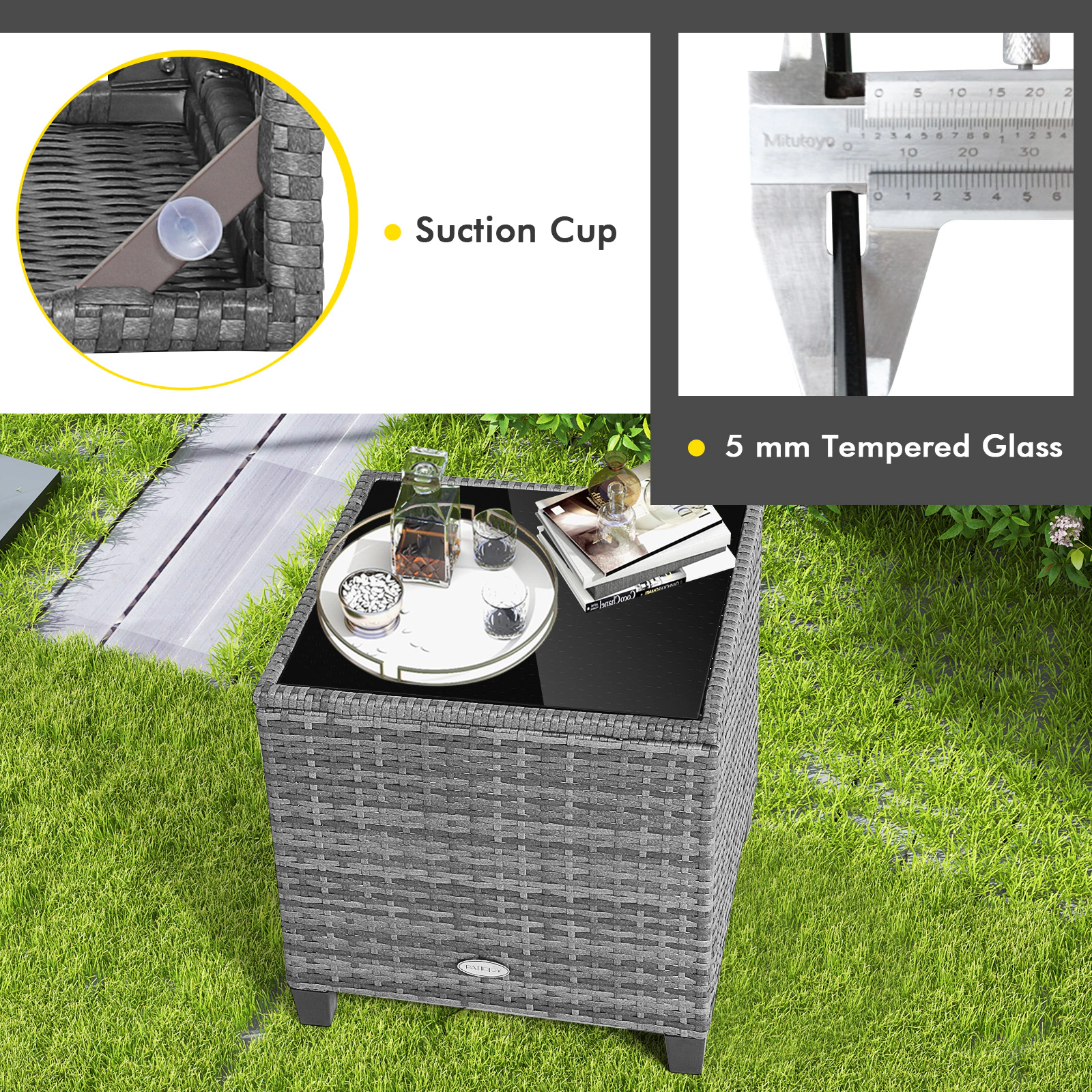 SUGIFT Tempered Glass Top Side Table 3-Piece Outdoor Wicker Conversation Set