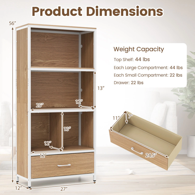 Hivvago 56" Tall Freestanding Bookcase with Drawer 5 Tier