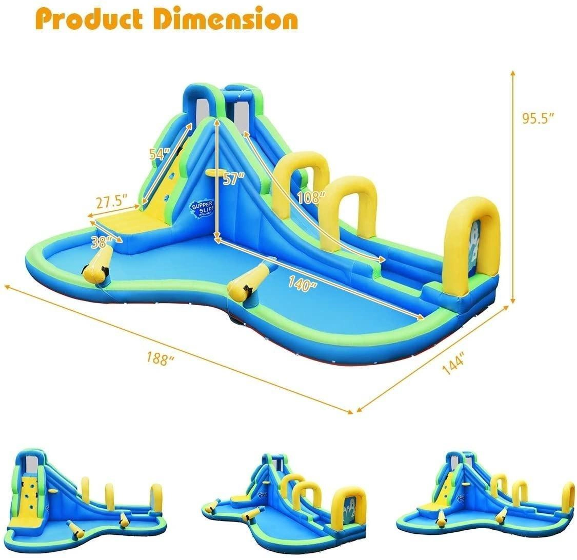 SUGIFT Blue 188-in Multifunctional Inflatable Water Bounce House with Slide and 735W Blower for Backyard