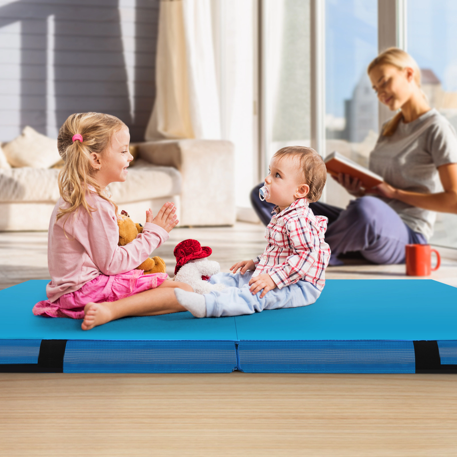 SUGIFT Bi-Folding Gymnastic Tumbling and Yoga Mat 4-in Thick with Handles Pink/Purple/Blue