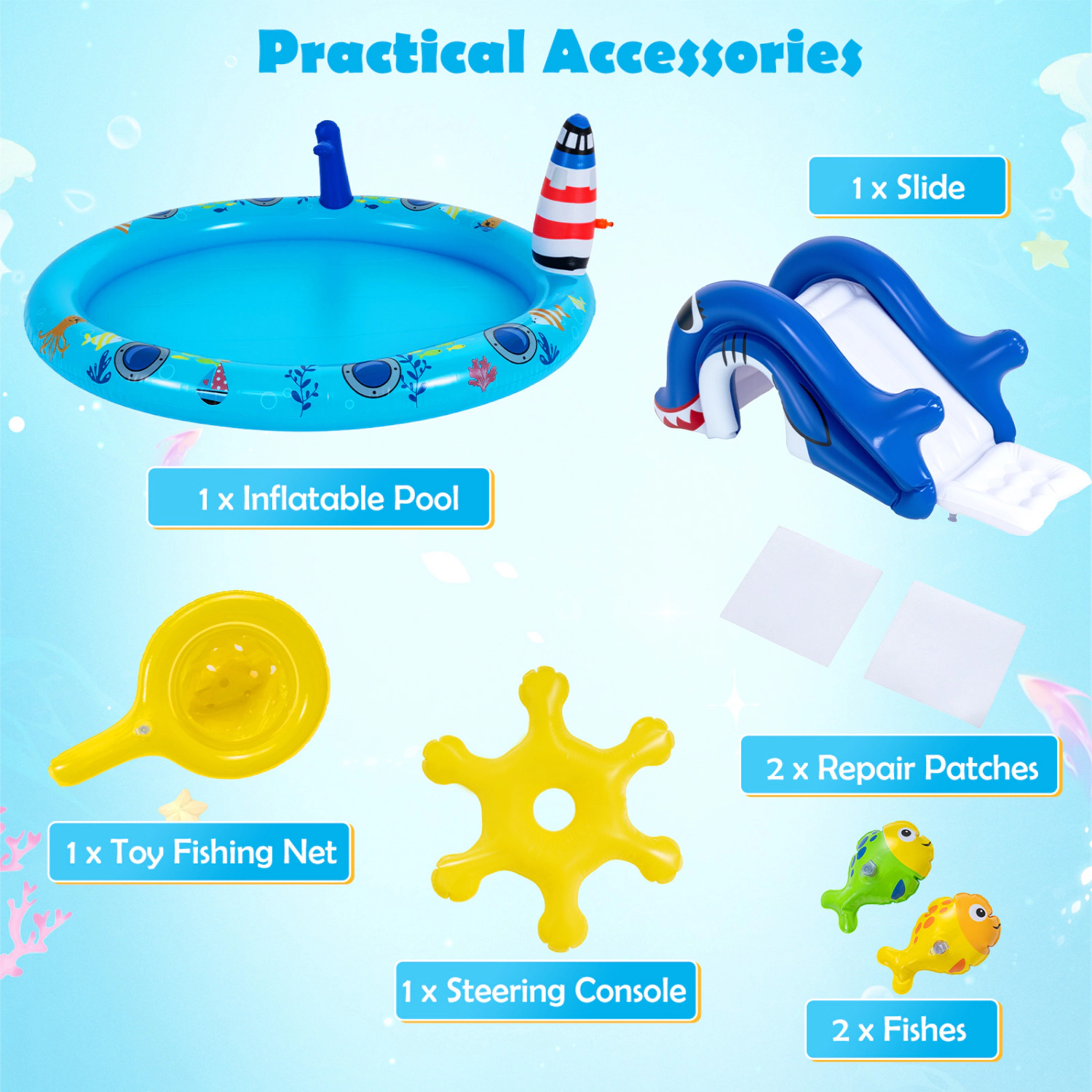 Hivvago Inflatable Play Center Marine Life Spray Pool with Shark-shaped Slide Lighthouse Sprinkle