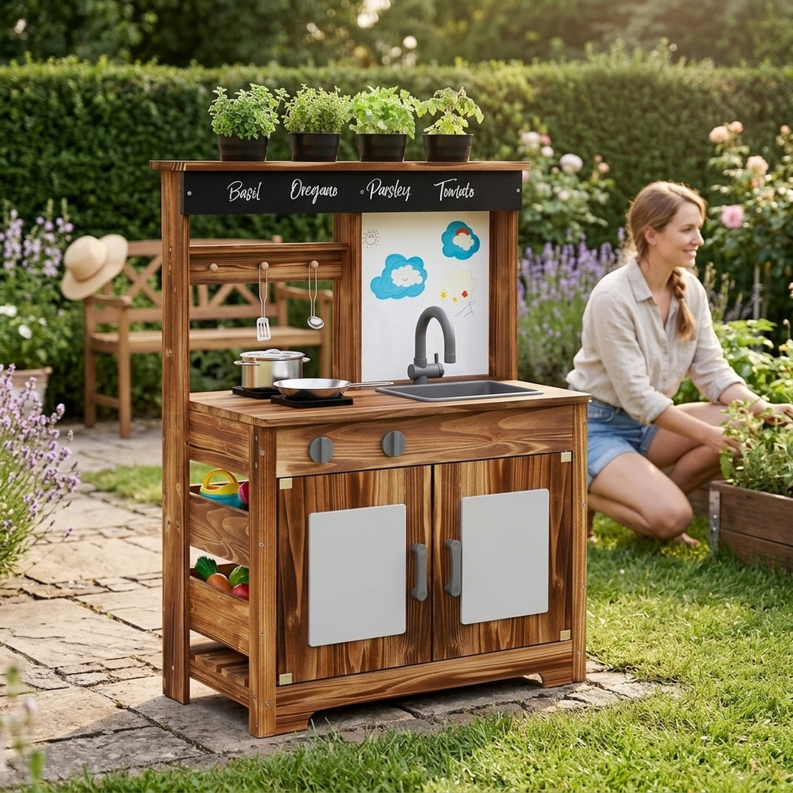 Fir Wood Mud Kitchen 4 Planting Pots DIY Acrylic Board Chalkboard Removable Sink 27-in Outdoor Kitchen Ages 3+ Natural