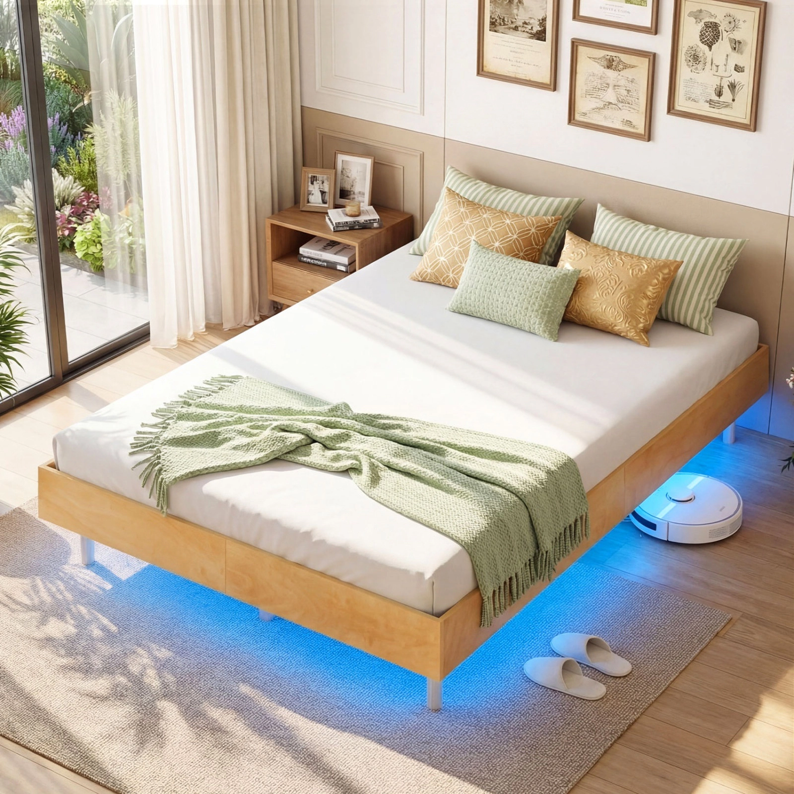 SUGIFT Full Size 800-lb Bed Capacity Floating Bed Frame with LED Lights and Remote Wood Platform 12-in H Natural