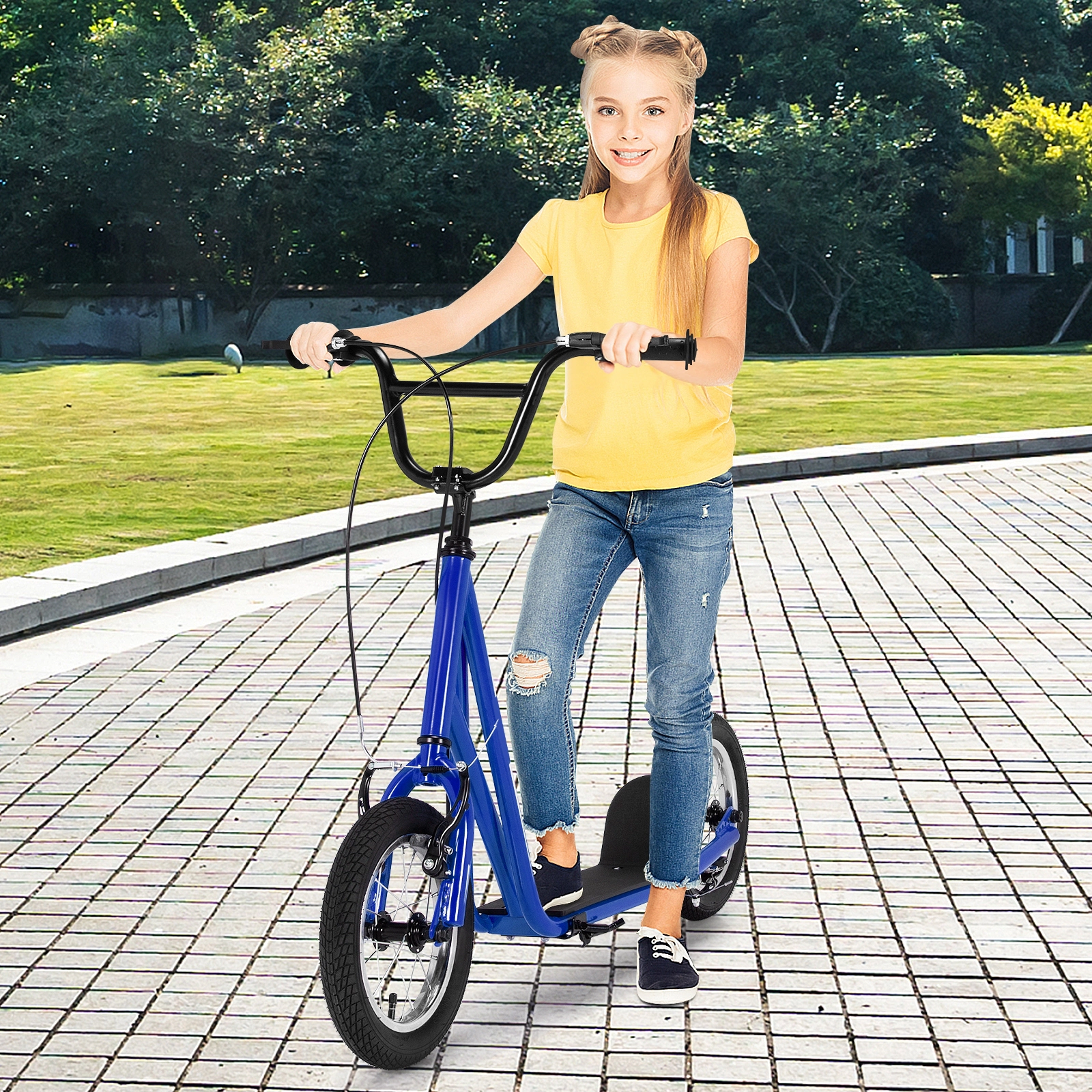 SUGIFT Kids Navy Kick Scooter with 12-in Air-Filled Wheels and Dual V-Brakes 33-in to 35-in H 165-lb Rider Capacity