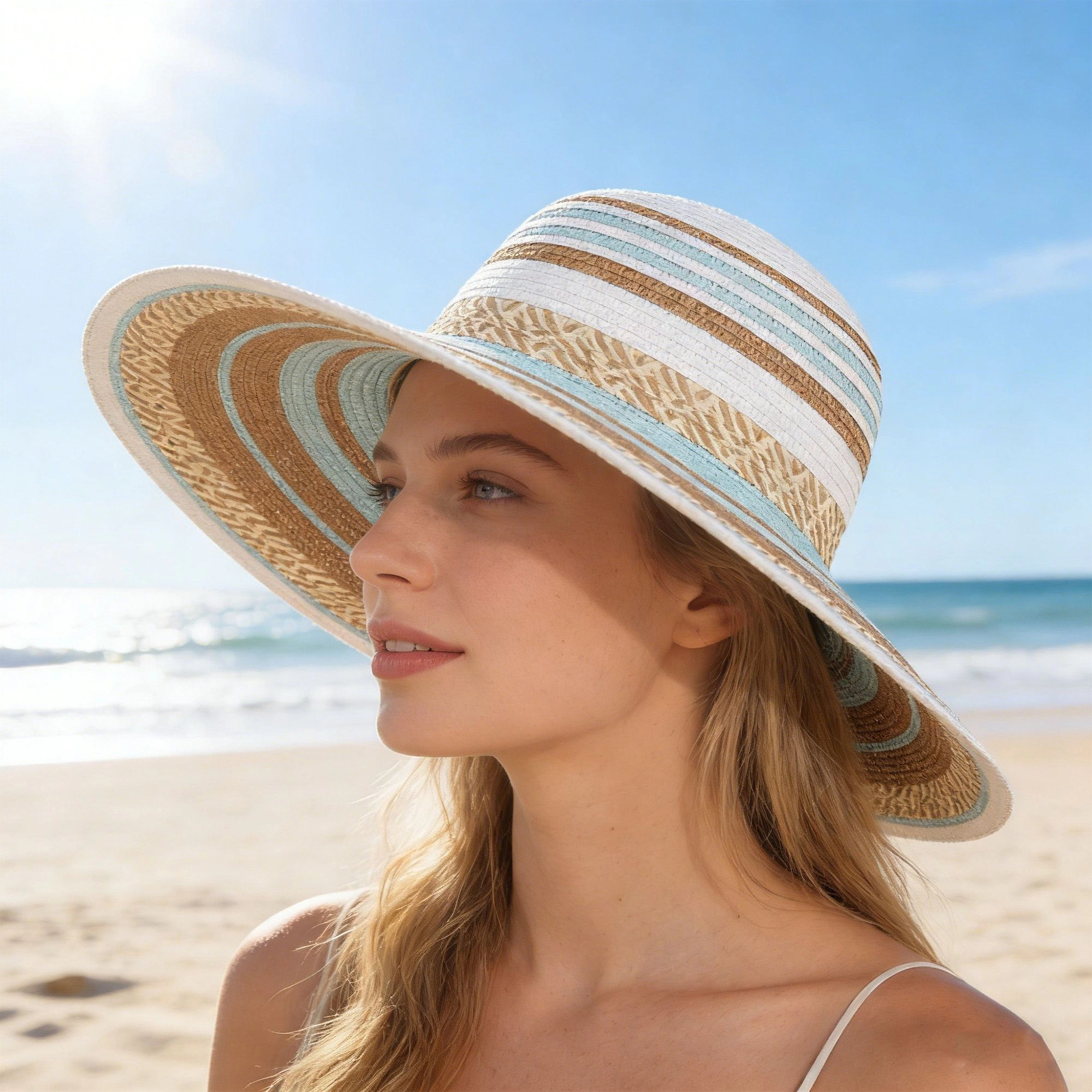 Anna-Kaci Women's Women Wide Brim Sun Hat Striped Woven Design Lightweight Summer Hat Classic Floppy Style