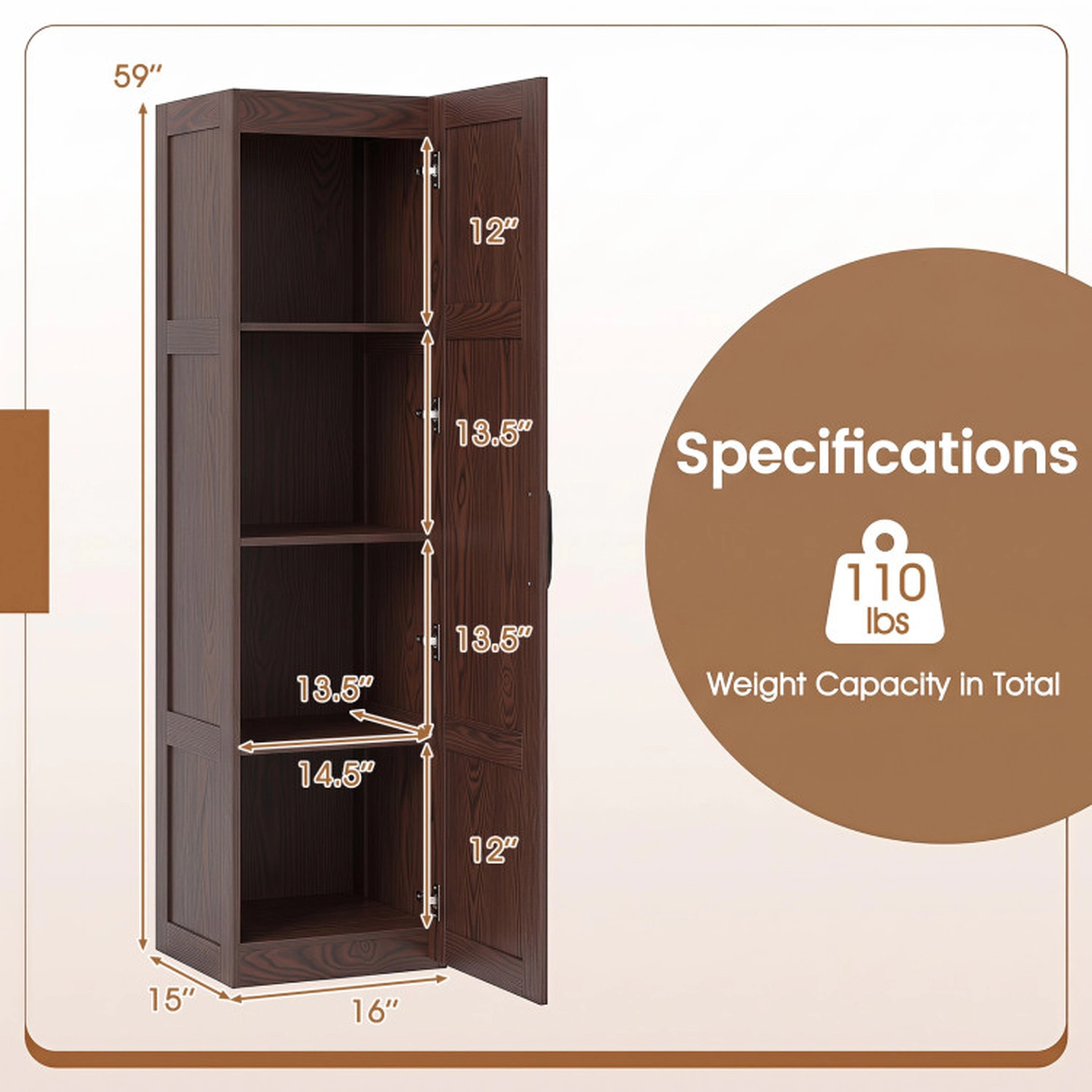 SUGIFT Single Door 4 Storage Shelves Tall Narrow Bathroom Floor Cabinet 16-in x 15-in x 59-in 110-lb Capacity Brown