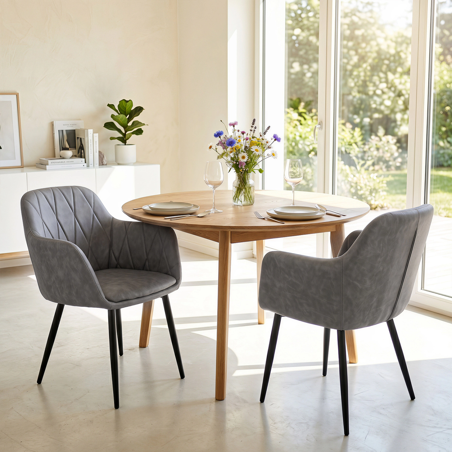 LJG Upholstered PU Leather Kitchen Chairs Set of 2 with Curved Back and Wide Seat