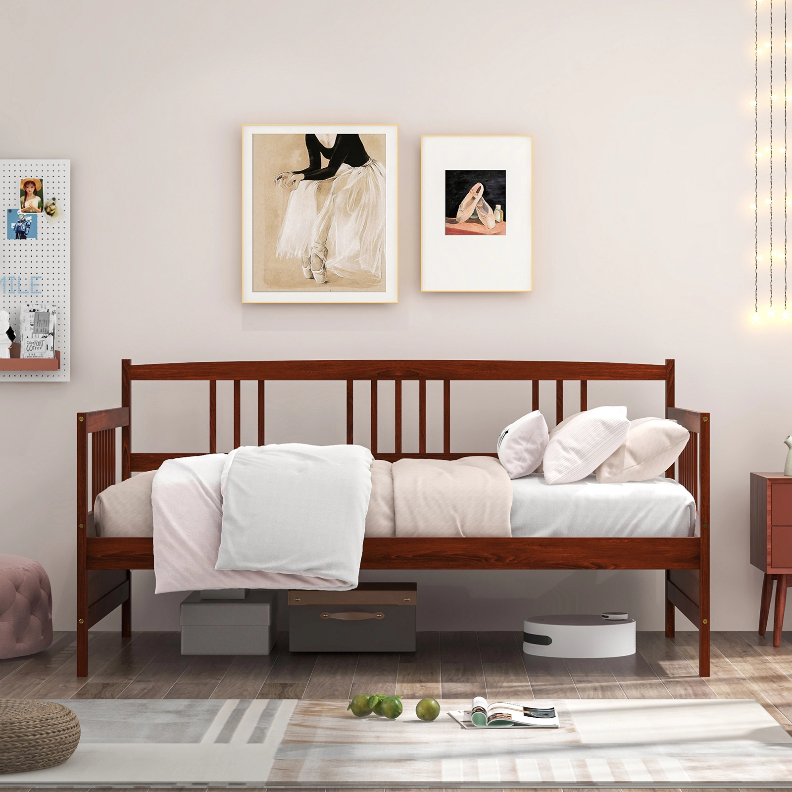 Twin Size Cherry Wood Daybed Frame with Back and Arm Rails Pine Sofa Bed with 10 Slats Fits Optional Pull-Out Trundle