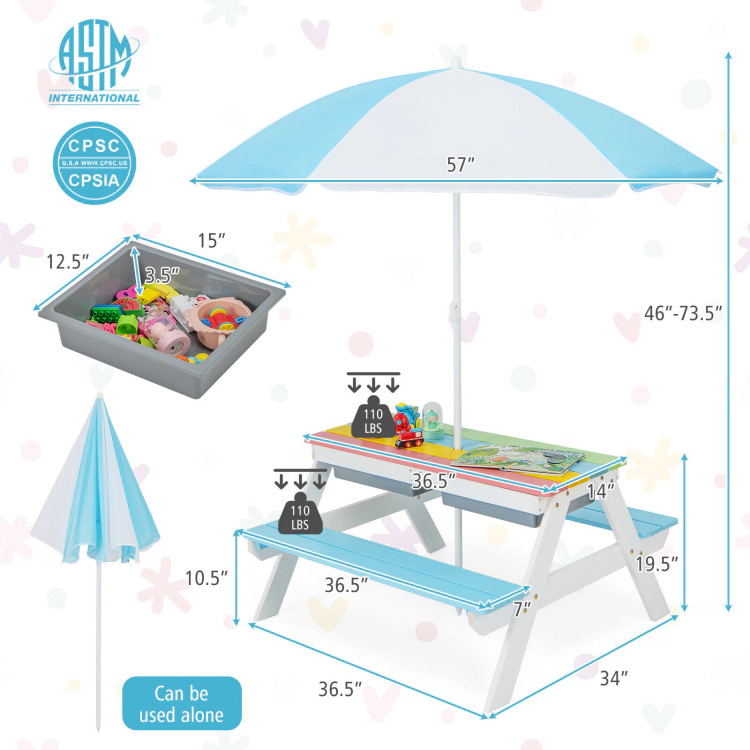 Hivvago 3-In-1 Kids Outdoor Picnic Water Sand Table With Removable Umbrella And Boxes-Coffee