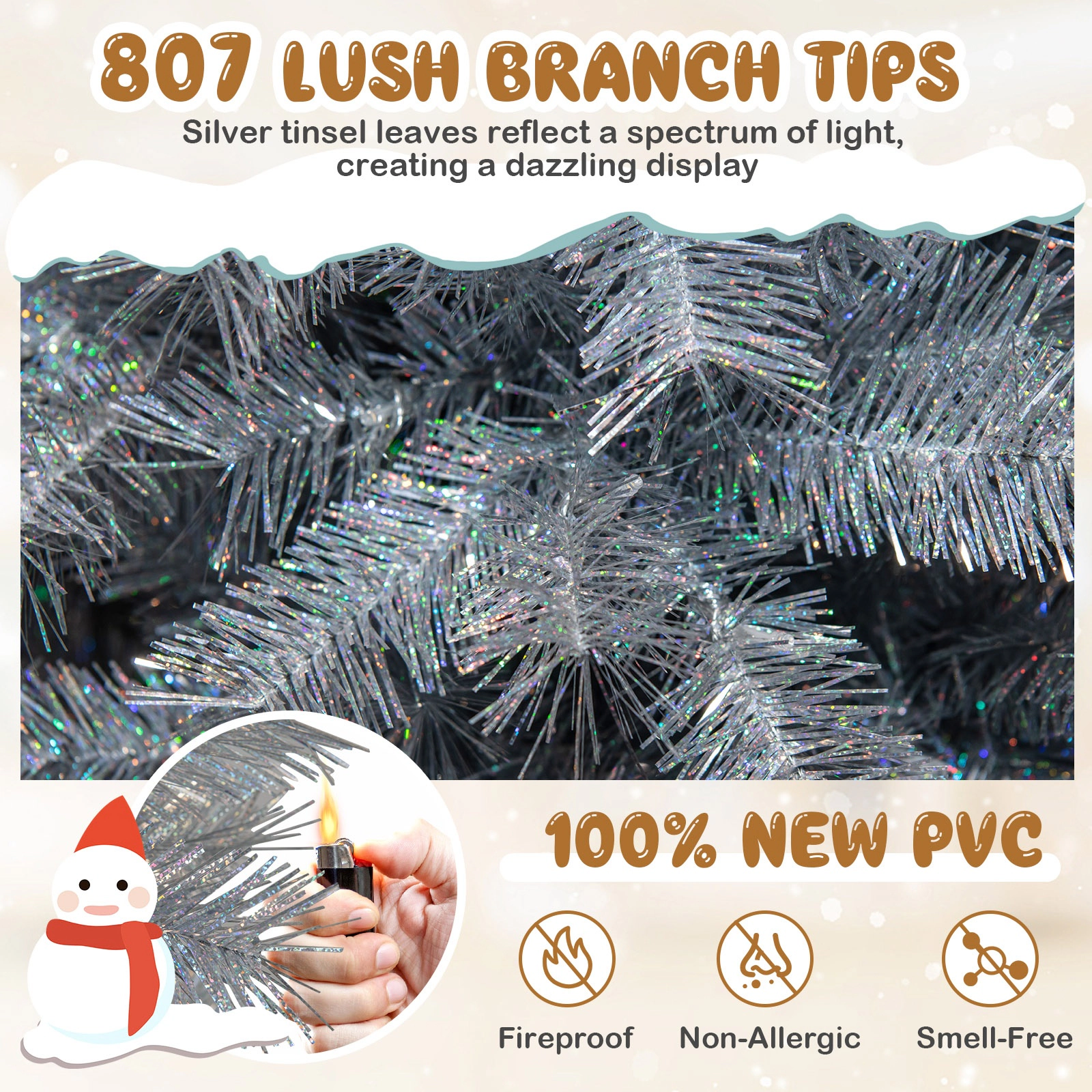 SUGIFT Artificial Xmas Tree with Branch Tips and Warm White LED Lights 7-ft Silver