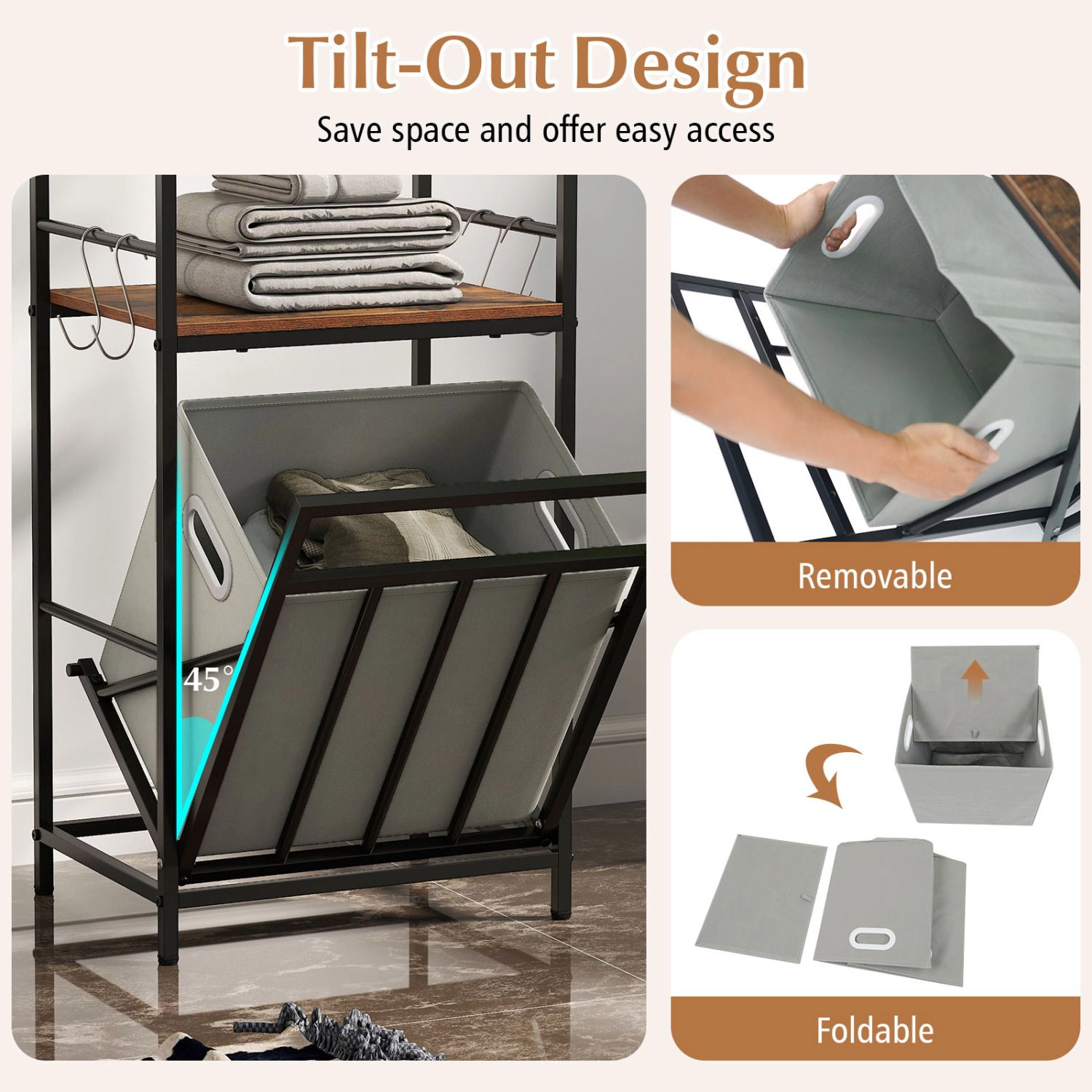 SlickBlue 2-Tier Laundry Hamper with Tilt-Out Basket & Laundry Bag