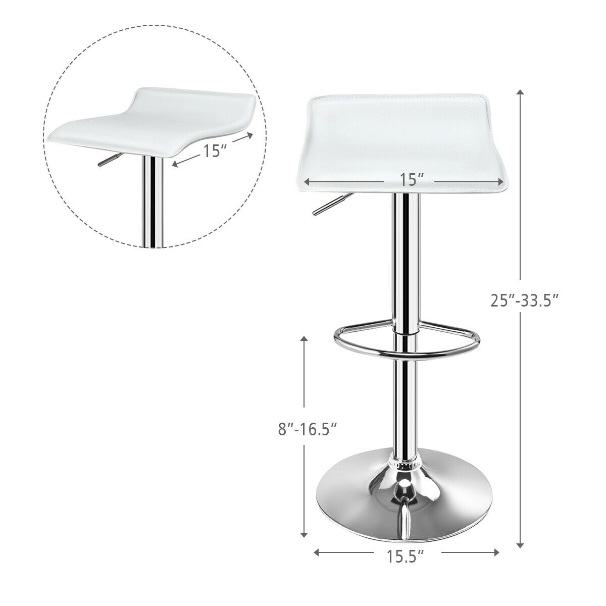 SUGIFT Adjustable PU Leather Backless Swivel Bar Stools Set of 2 264-lb Capacity White