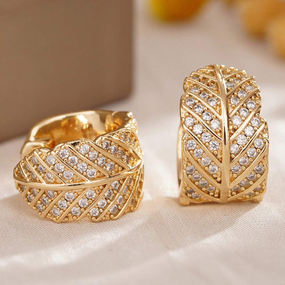 Wardrobe Whimsy Full Paved Leaf Hoop Earrings Cubic Zirconia Gold Tone Earrings for Women