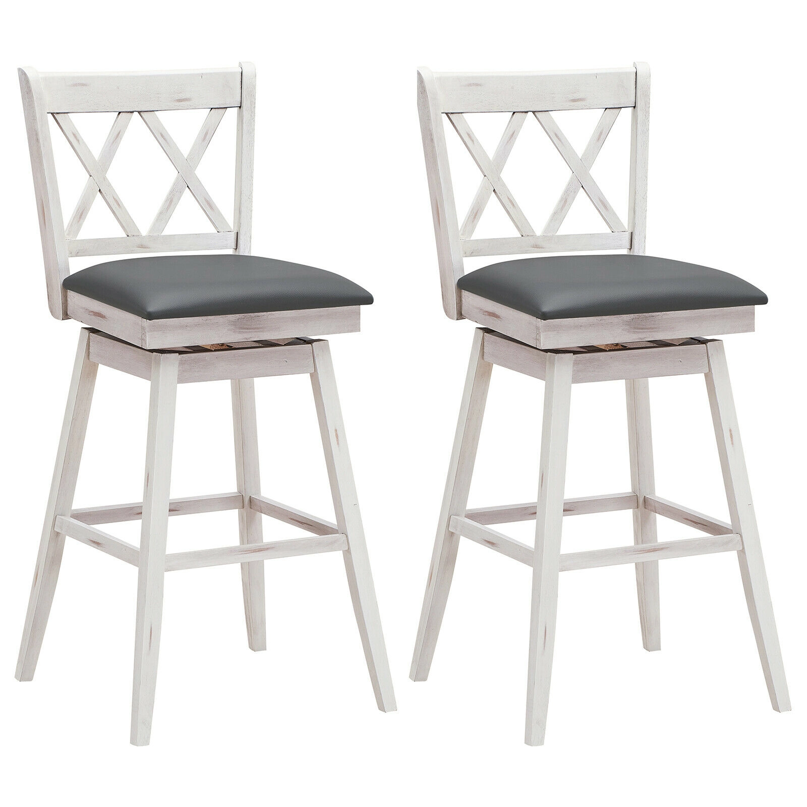 SUGIFT Set of 2 White 29-Inch Counter-Height Swivel Bar Stools with PVC Backrests and Rubberwood Legs
