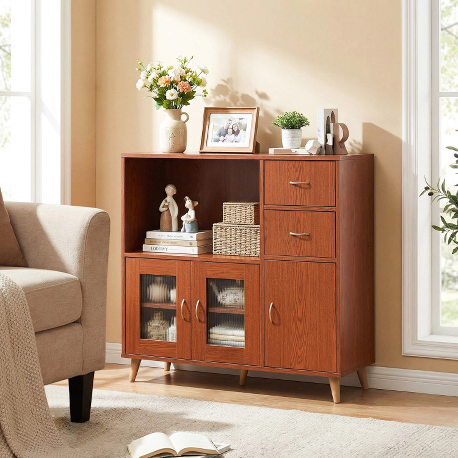 SUGIFT 36-in Sideboard Buffet Cabinet with Open Compartment 330-lb Capacity Brown/Natural