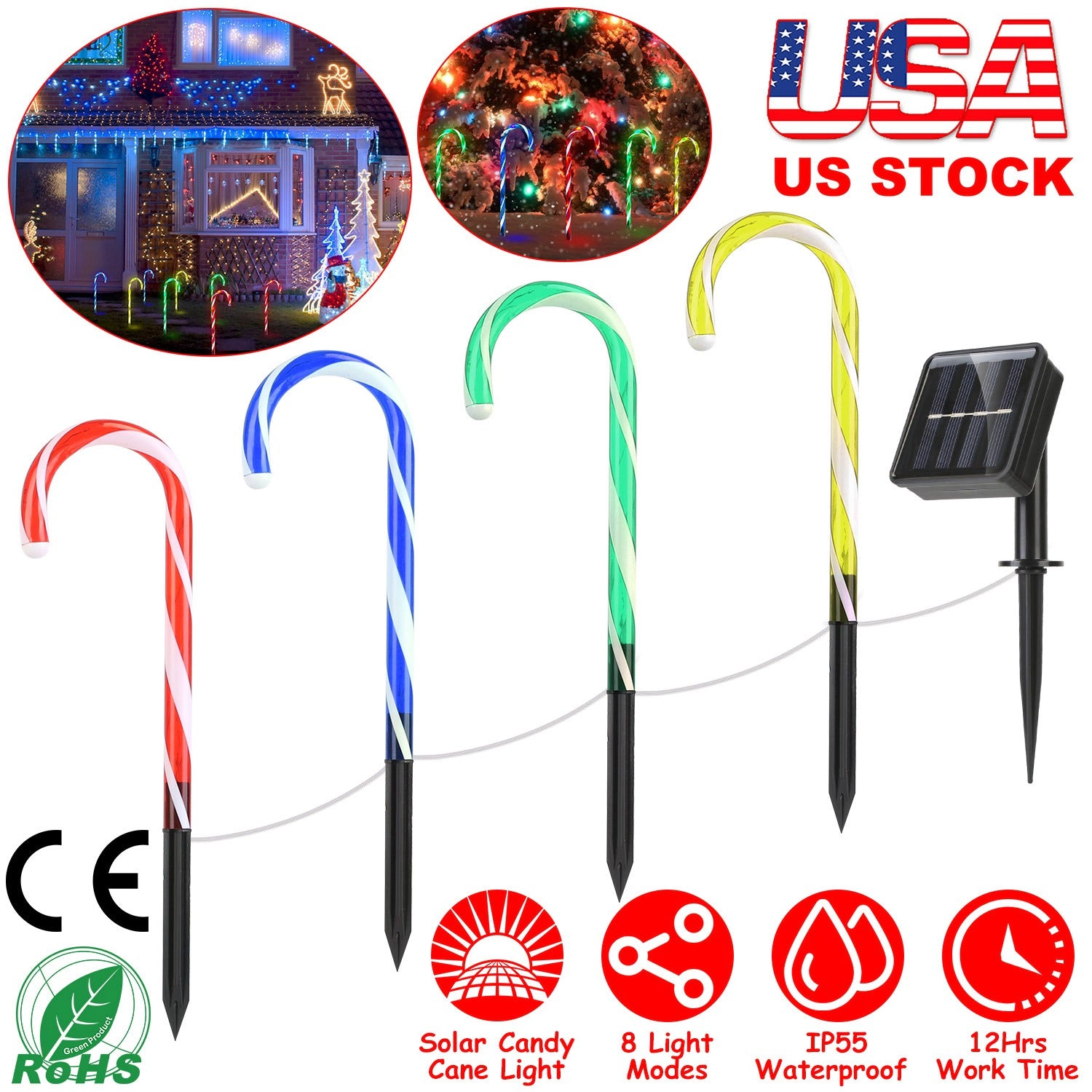 GBruno Solar Waterproof Candy Cane Stake Light