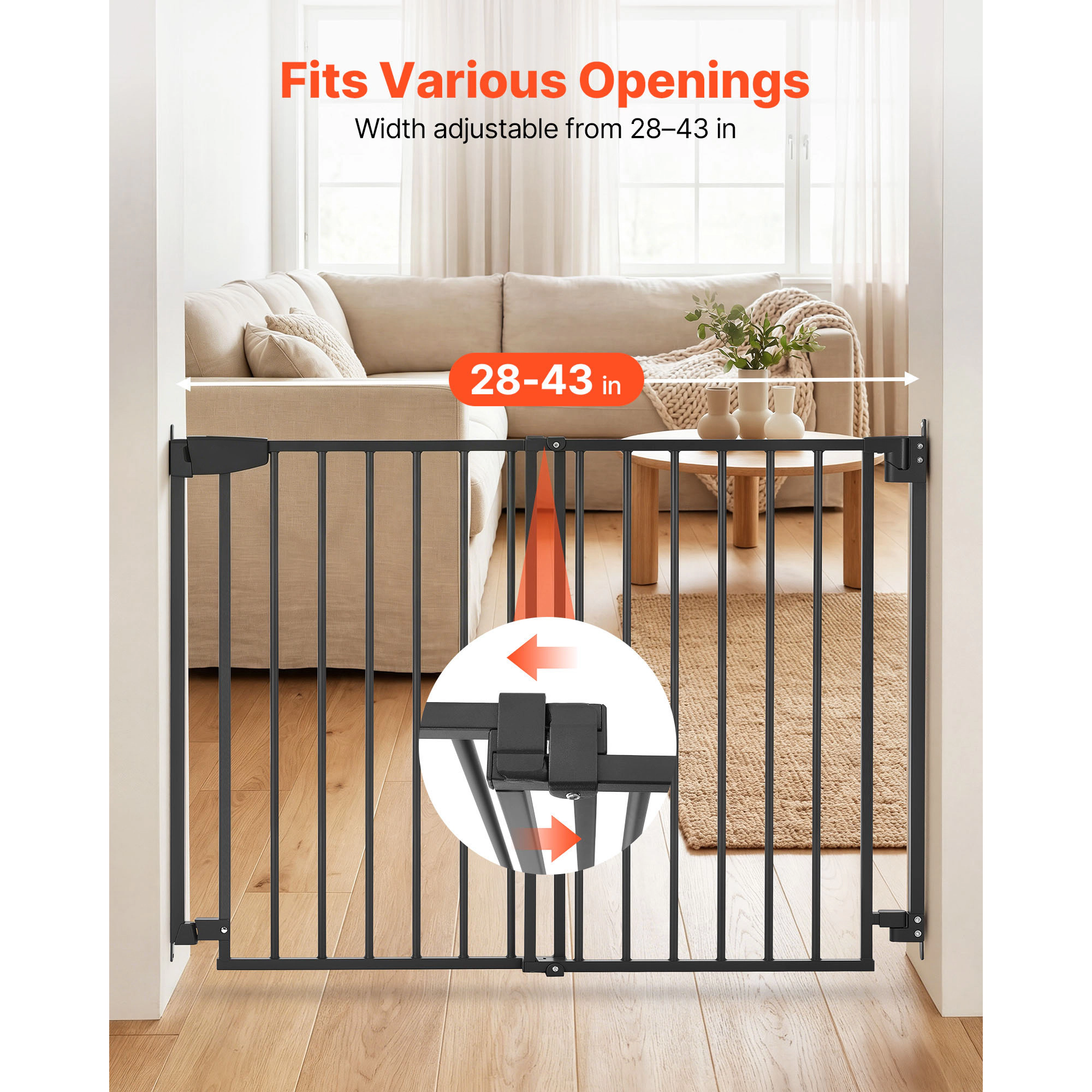 HONGGE Baby Gate for Stairs Adjustable Width Dog No Bottom Bar One-Handed Operation Easy Drilling Installation