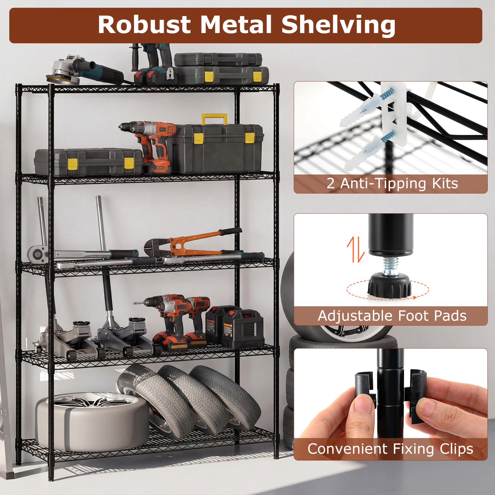 SUGIFT 5-Tier Adjustable Metal Storage Shelving Unit V-Shaped Wire Racks 4000-lb Total Capacity 800-lb Per Shelf Black