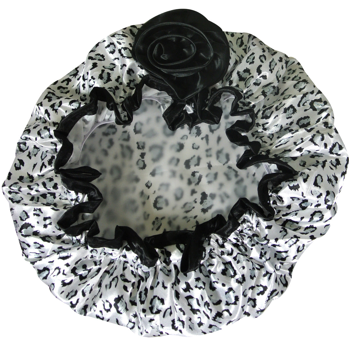 Wrapables Women's Stylish Satin Shower Cap, Black & White Leopard
