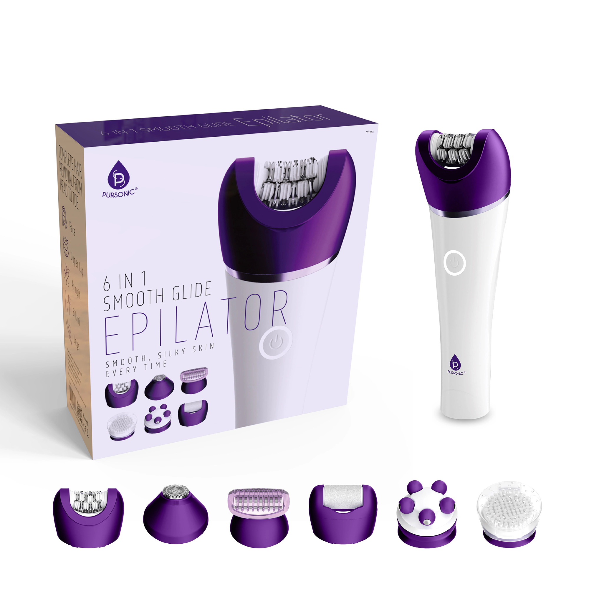 Pursonic Women's 6-in-1 Smooth Glide Epilator – Multi-Function Hair Removal & Skin Care System