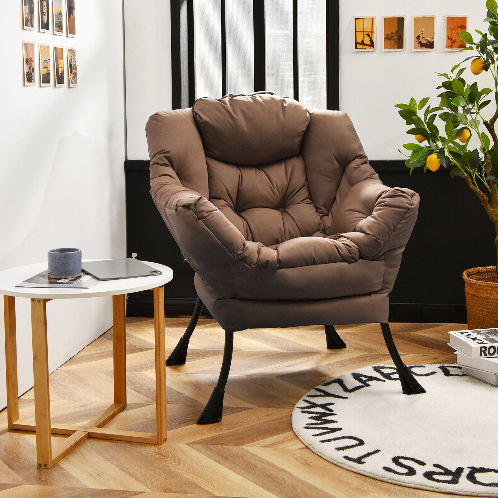 SUGIFT Modern Lazy Chair with Headrest, Side Pocket, Brown