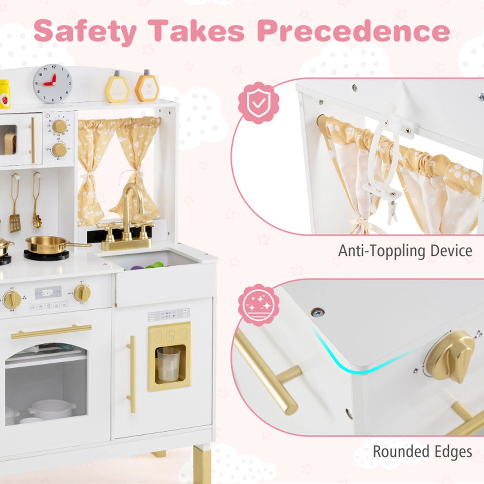SUGIFT Gold 3 Adjustable Heights Microwave and Ice Maker Kids Wooden Chef Play Kitchen