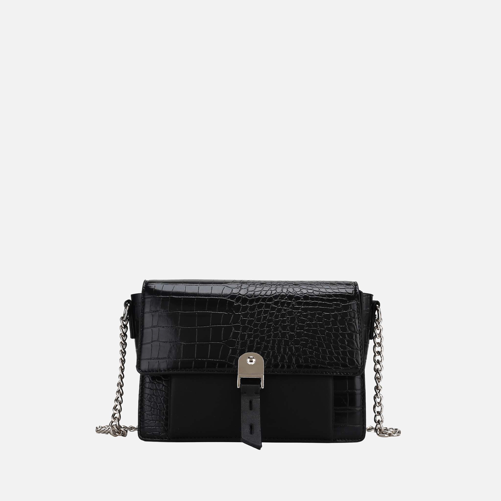 Mia K Collection Hope Shoulder Bag - Crocodile-Embossed Vegan Leather, Silver Chain Strap