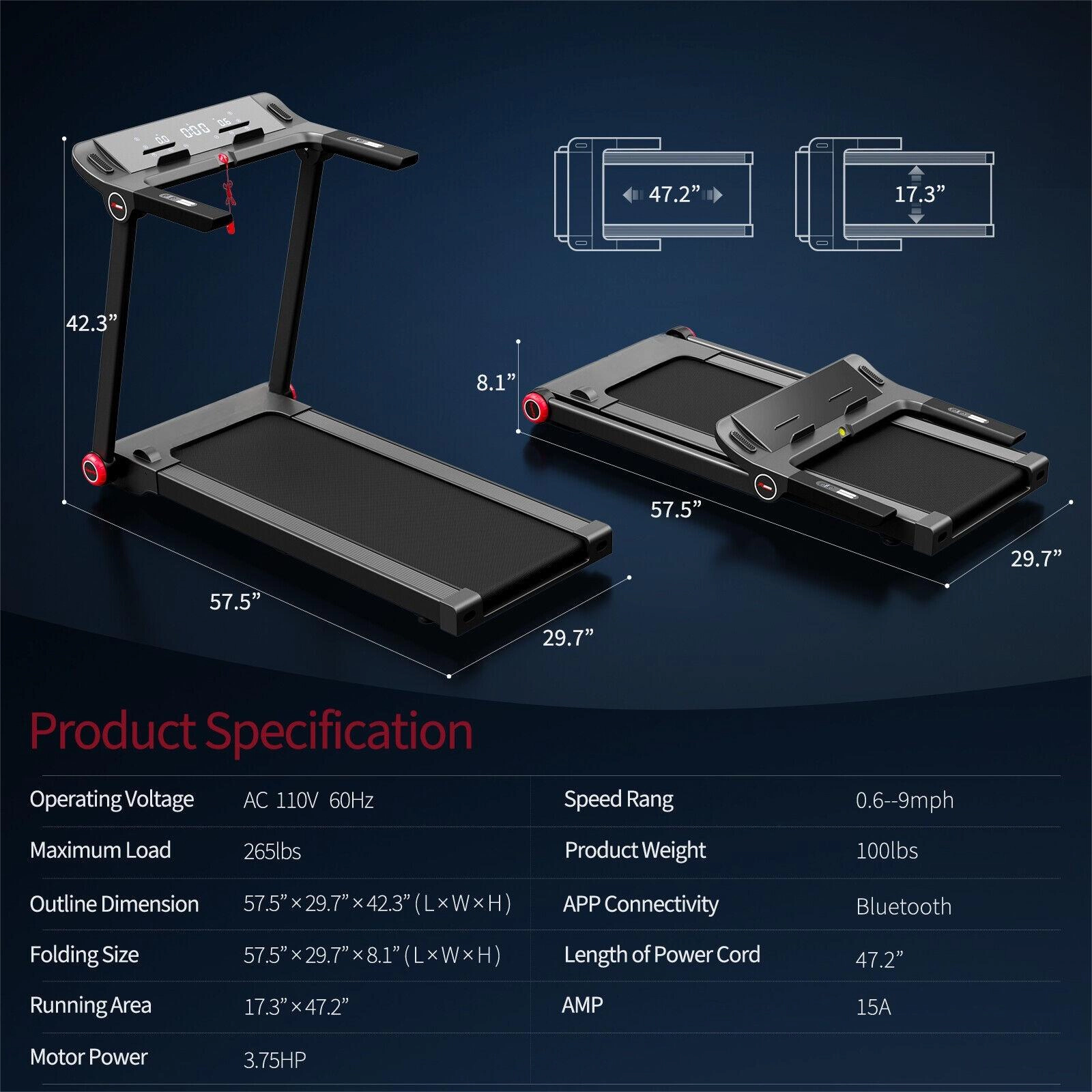SUGIFT Black 3.75-HP Folding Treadmill with 12 Preset Programs 57.5-in W 29.7-in D 42.3-in H 265-lb User Capacity