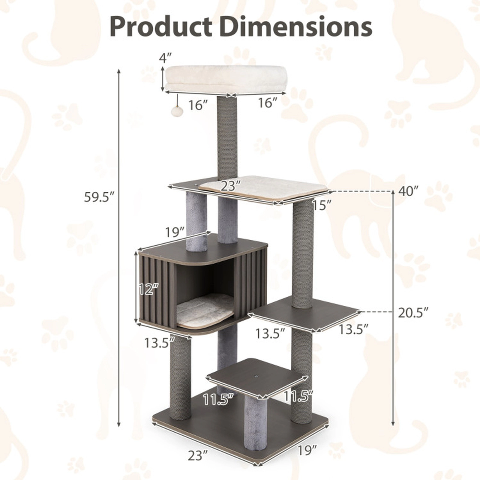 SUGIFT 59.5-in Multi-Level Cat Tree for Indoor Cats with Fence-Style Condo and 16.5-in Padded Top Perch
