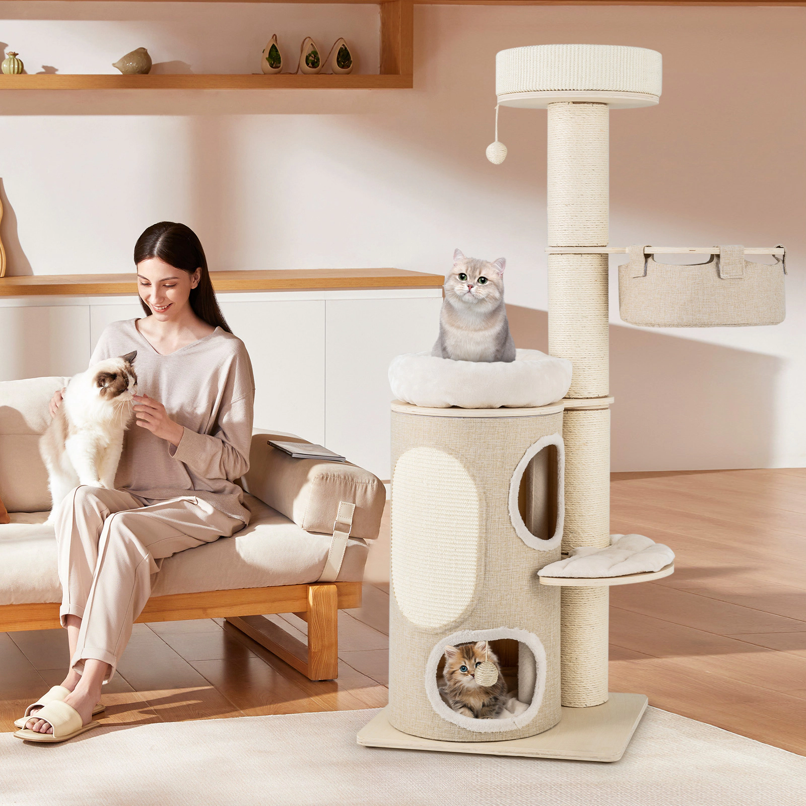 SUGIFT 61-in Natural Cat Tree with 2-Story Condo Faux Linen Hammock Bamboo Mat and Washable Cushions