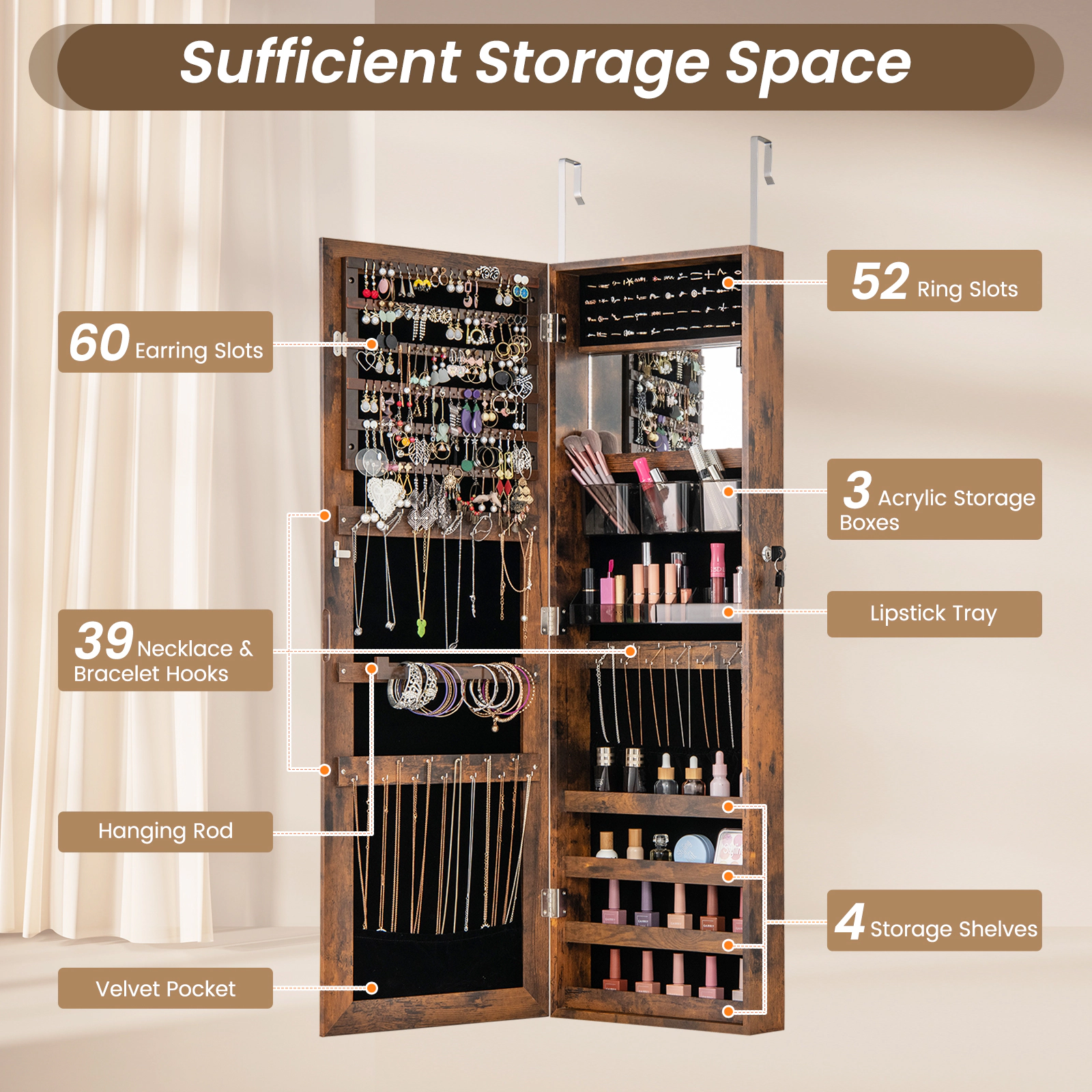 SUGIFT 43.5-in Rustic Brown Jewelry Storage Cabinet with Full-Length Mirror and Lockable Necklace Organizer