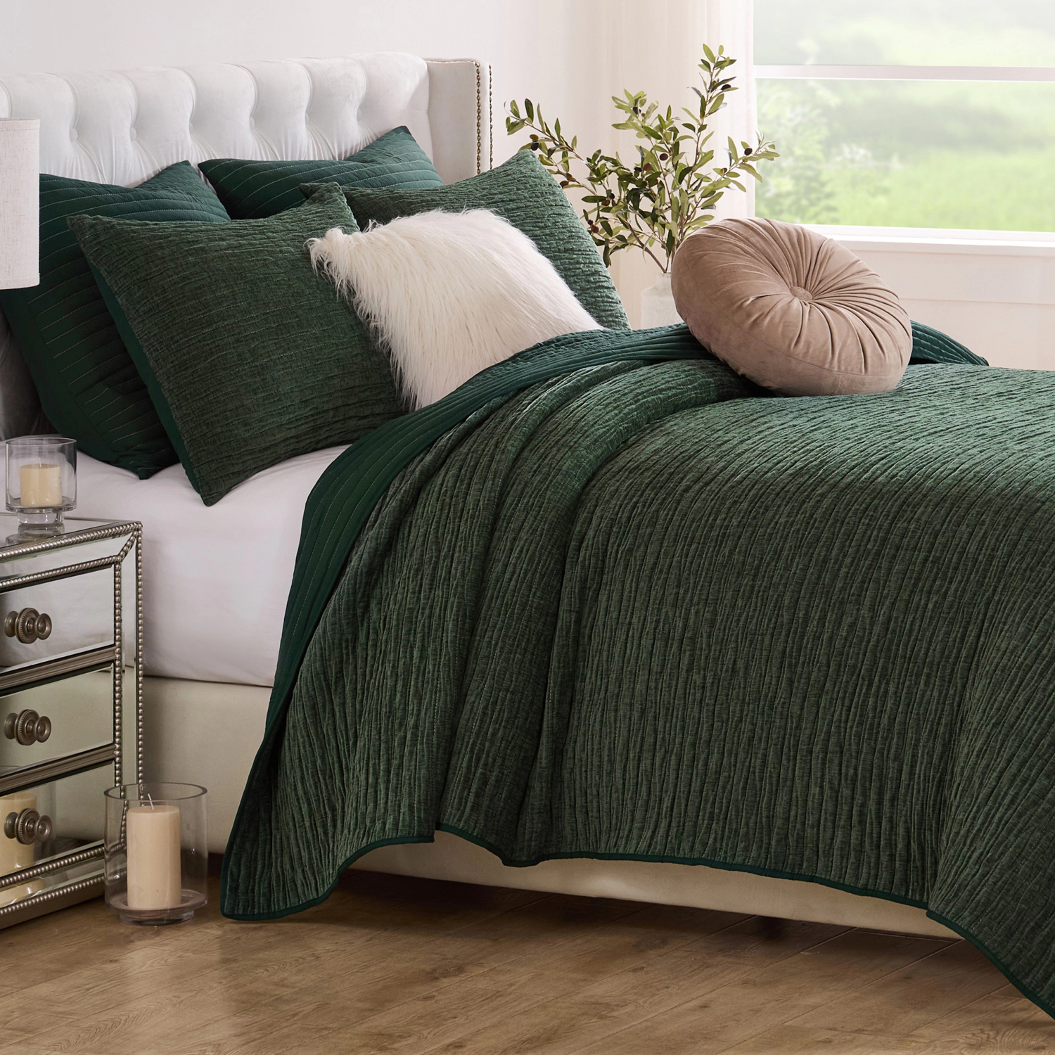 Greenland Home Fashion Velvet Crush Chenille Microfiber Back Poly Fill Quilt Set 3-Piece Full/Queen Forest