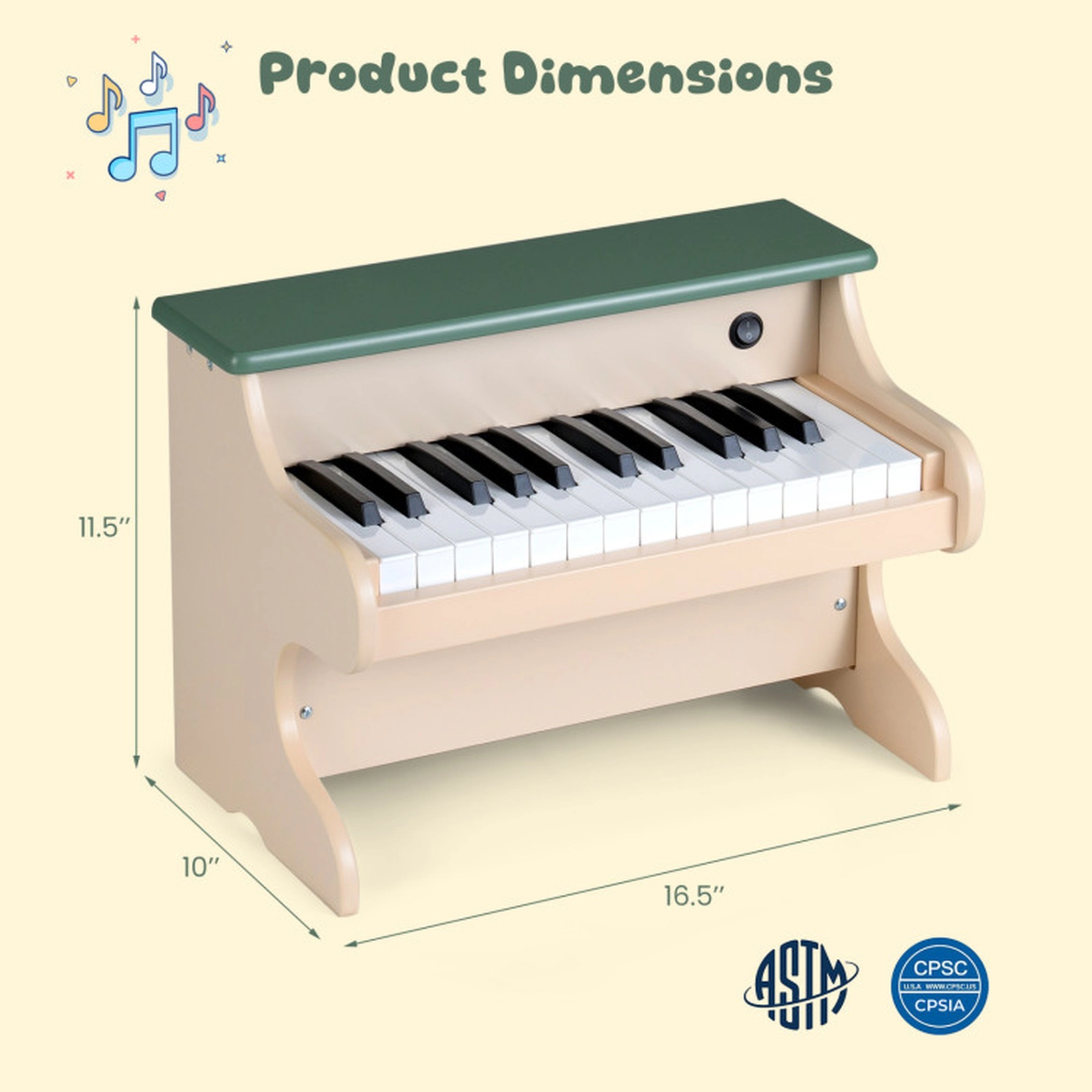 SUGIFT Green 25-Key Wooden Kids Digital Piano Toy with Widened Legs Rounded Corners and Removable Music Stand