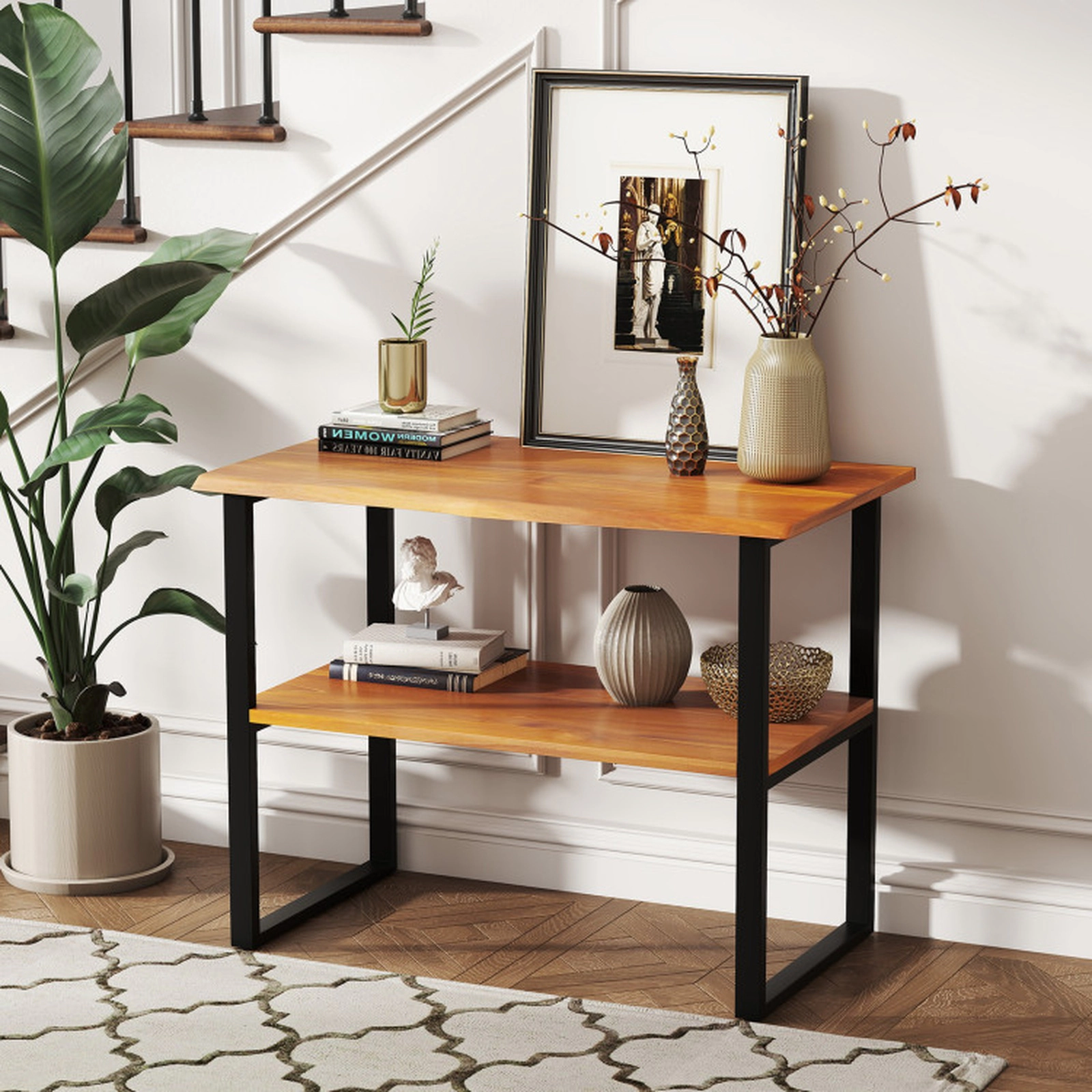 SUGIFT 35.5-in 44-lb Shelf 2-Tier Solid Teak Wood End Table Sofa Side Table with Waterproof Top
