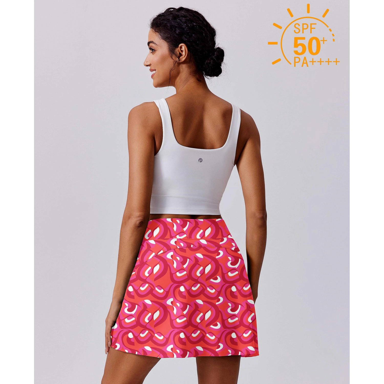 Pinspark Womens High Waist A-Line Skirts Solid Stretch Pockets Casual Mini Skorts