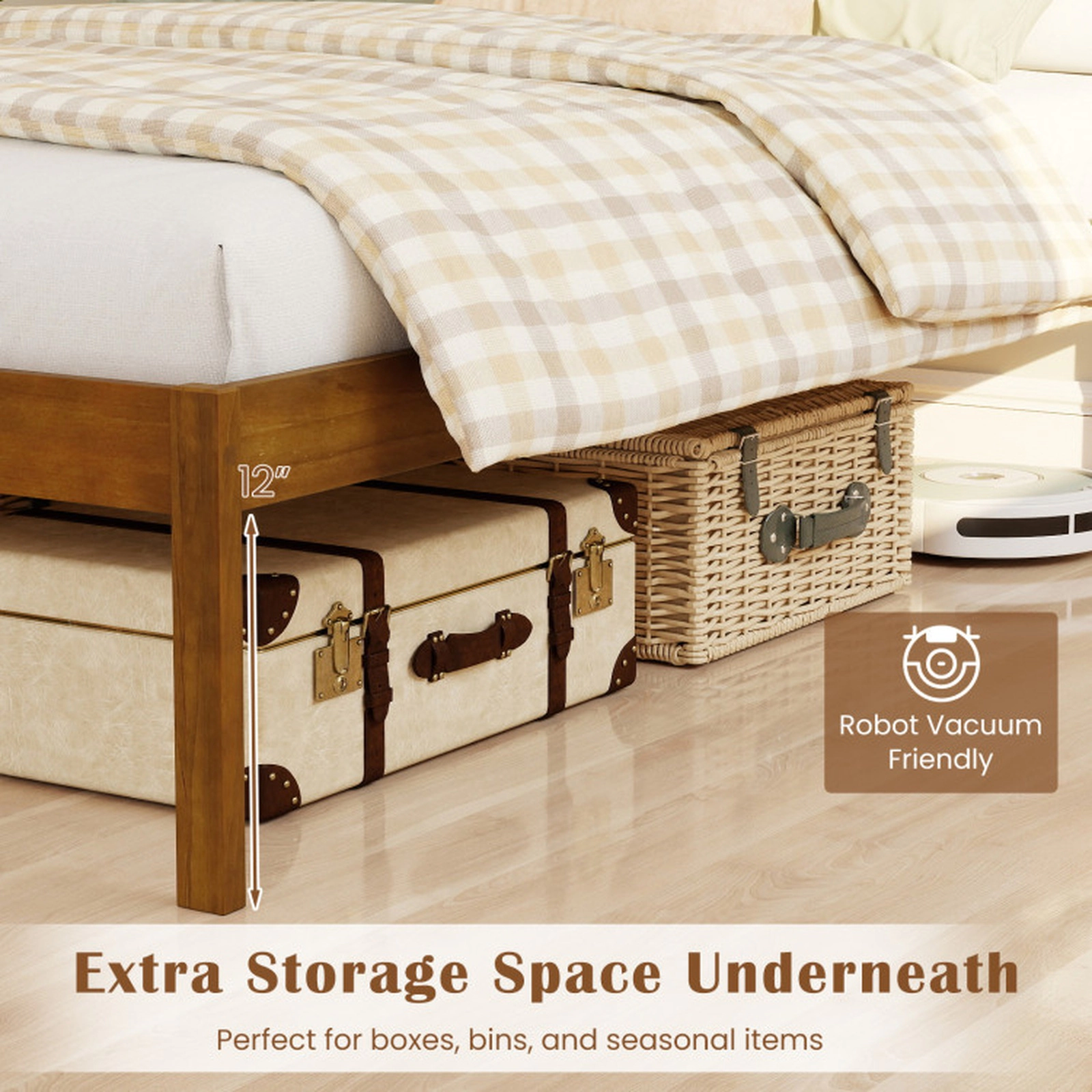 SUGIFT Farmhouse Wooden Platform Bed Frame with Headboard 600-lb Capacity Full/Queen/Twin Walnut/White