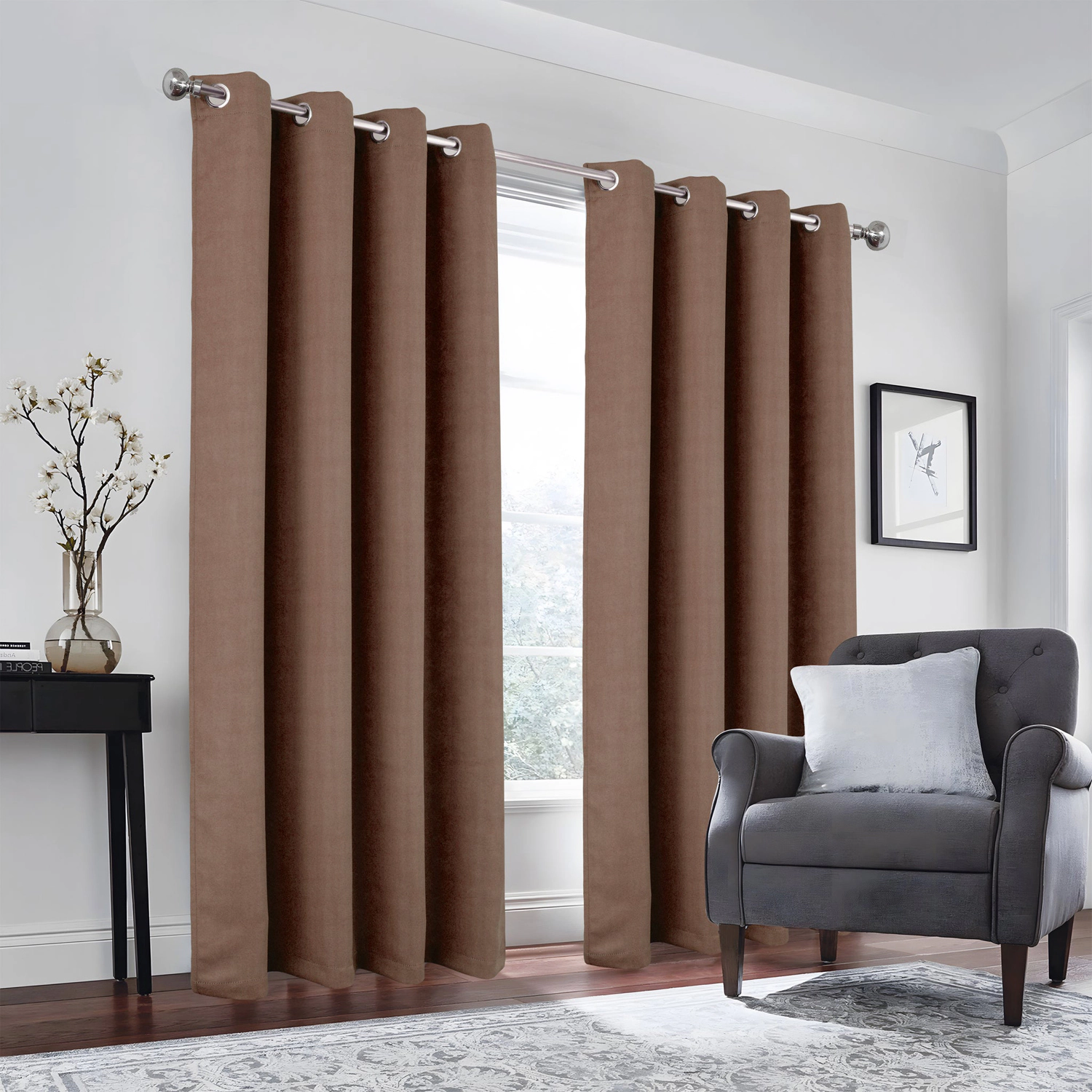Olivia Gray 100% Polyester 190 GSM Eloise Reversible Blackout Grommet Curtain Panel 54" x 84" Mocha