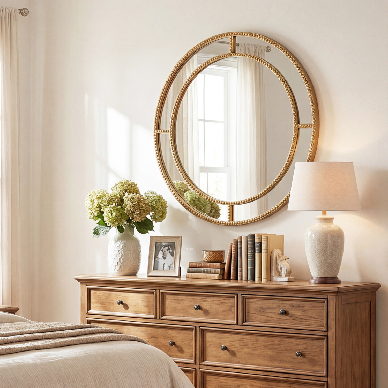 SlickBlue 28 Inch Round Wall Mirror Beaded Frame Decorative Vanity Mirror