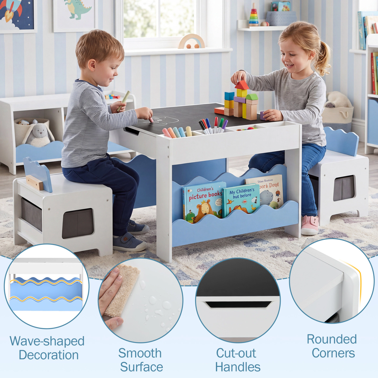 Hivvago Multi-Purpose Activity Kids Table And Chairs Set With Double-Sided Tabletop