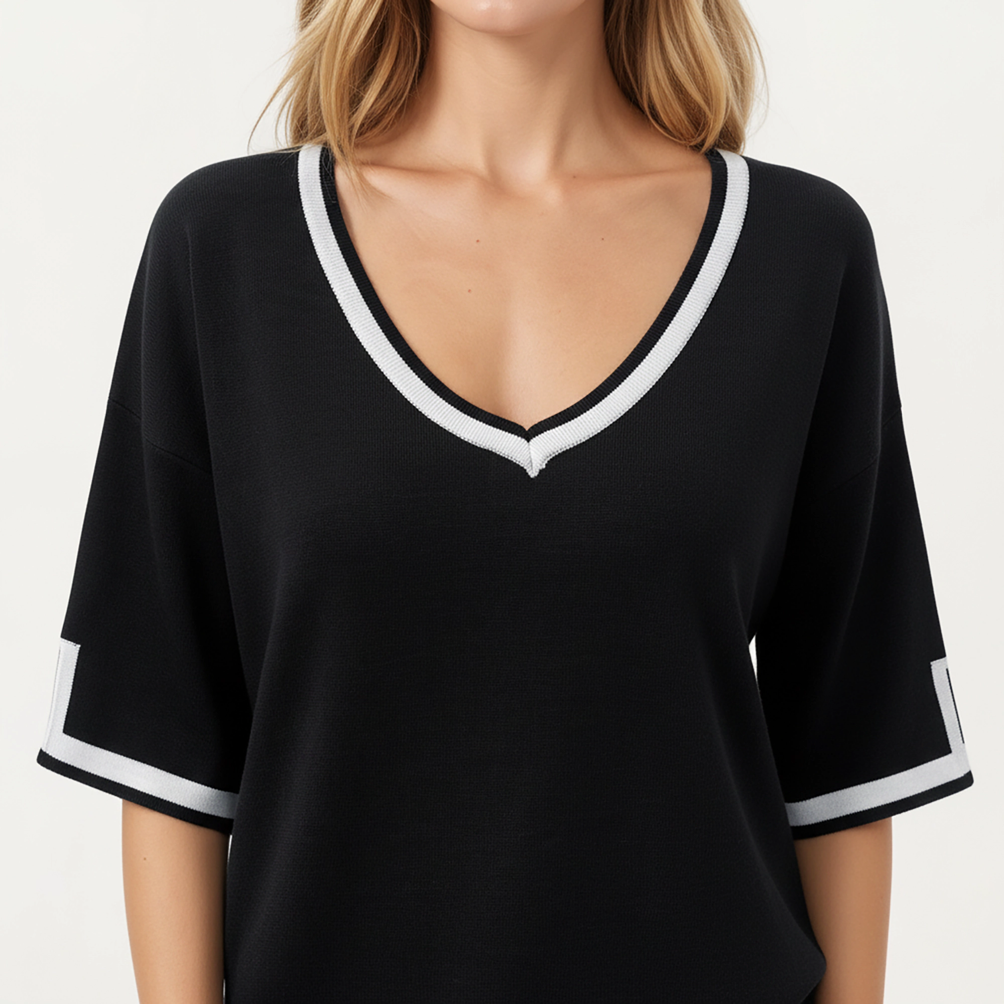Anna-Kaci Women's Knit Lounge Set with V-Neck Top and Drawstring Shorts Featuring Contrast Trim