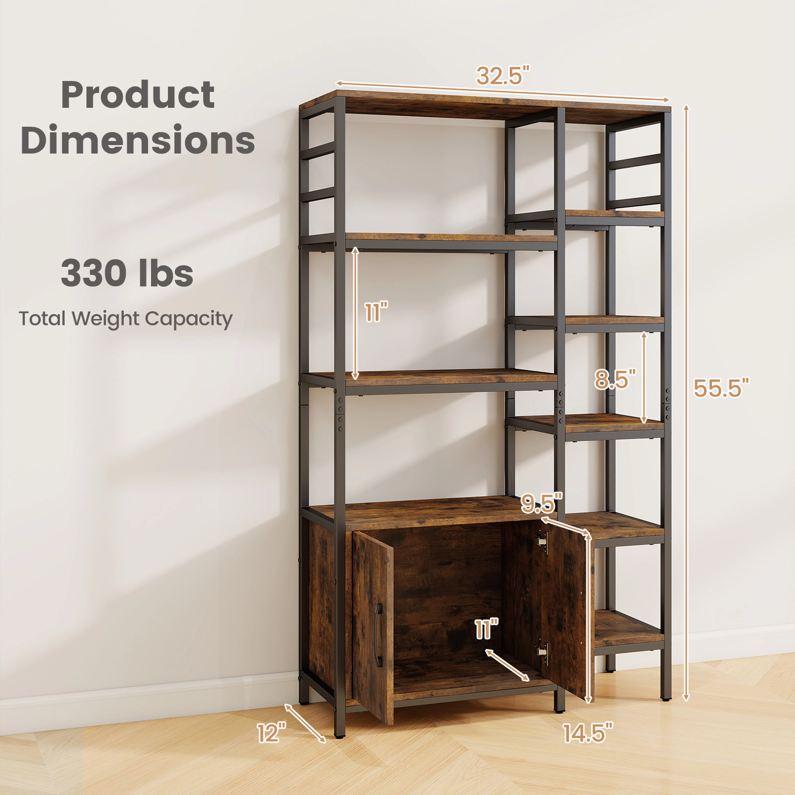 SUGIFT Rustic Brown Double Wide 8-Tier Bookshelf with 2-Door Cabinet