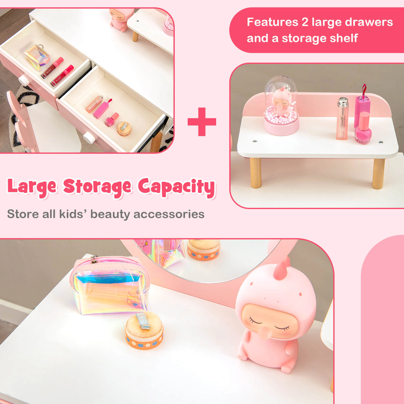 SUGIFT Kids Vanity Table & Chair Set with Drawer Shelf & Rabbit Mirror 66-lb Tabletop 110-lb Stool Capacity Pink/White
