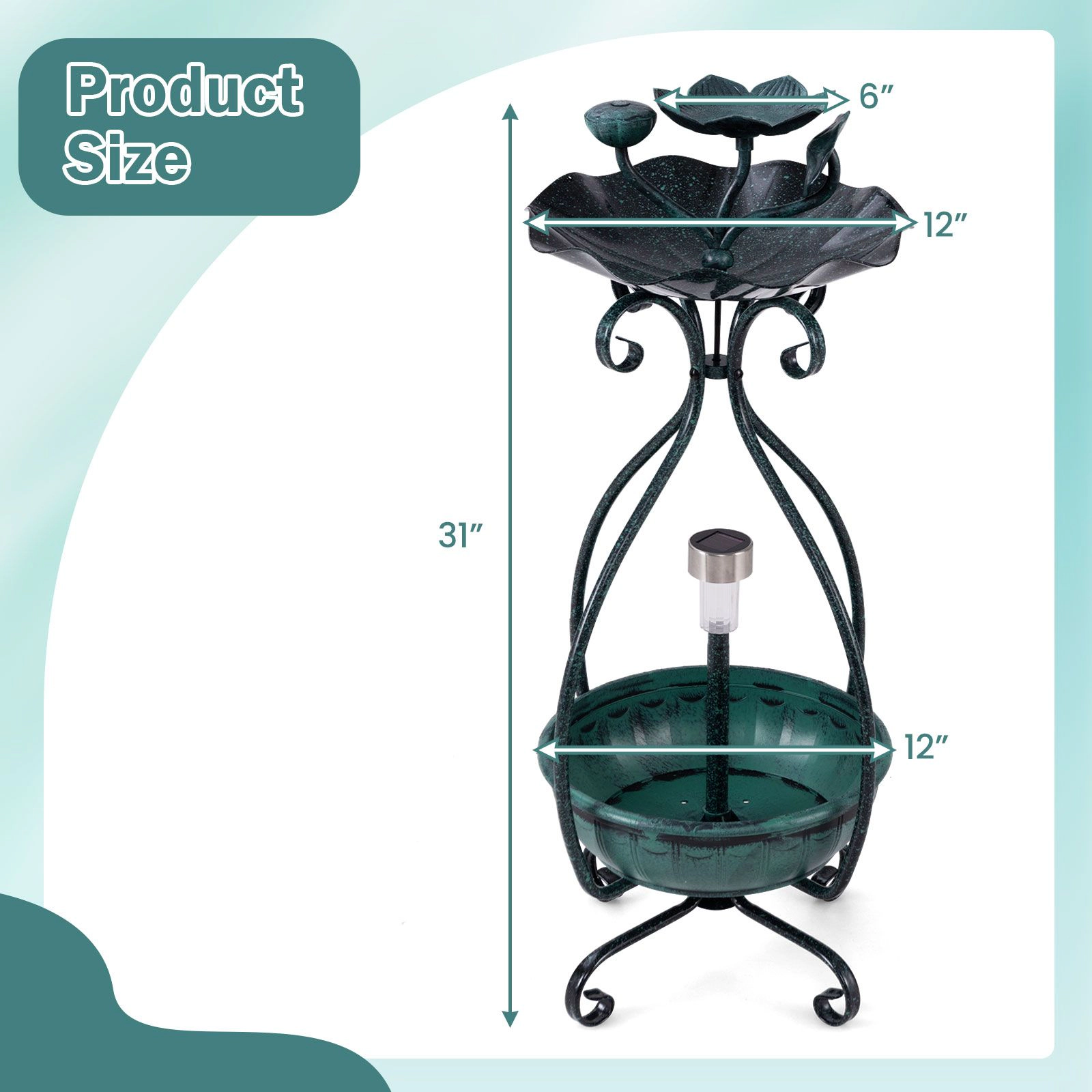 SlickBlue Standing Metal Birdbath with Solar Lights and Lotus Leaf Bowl