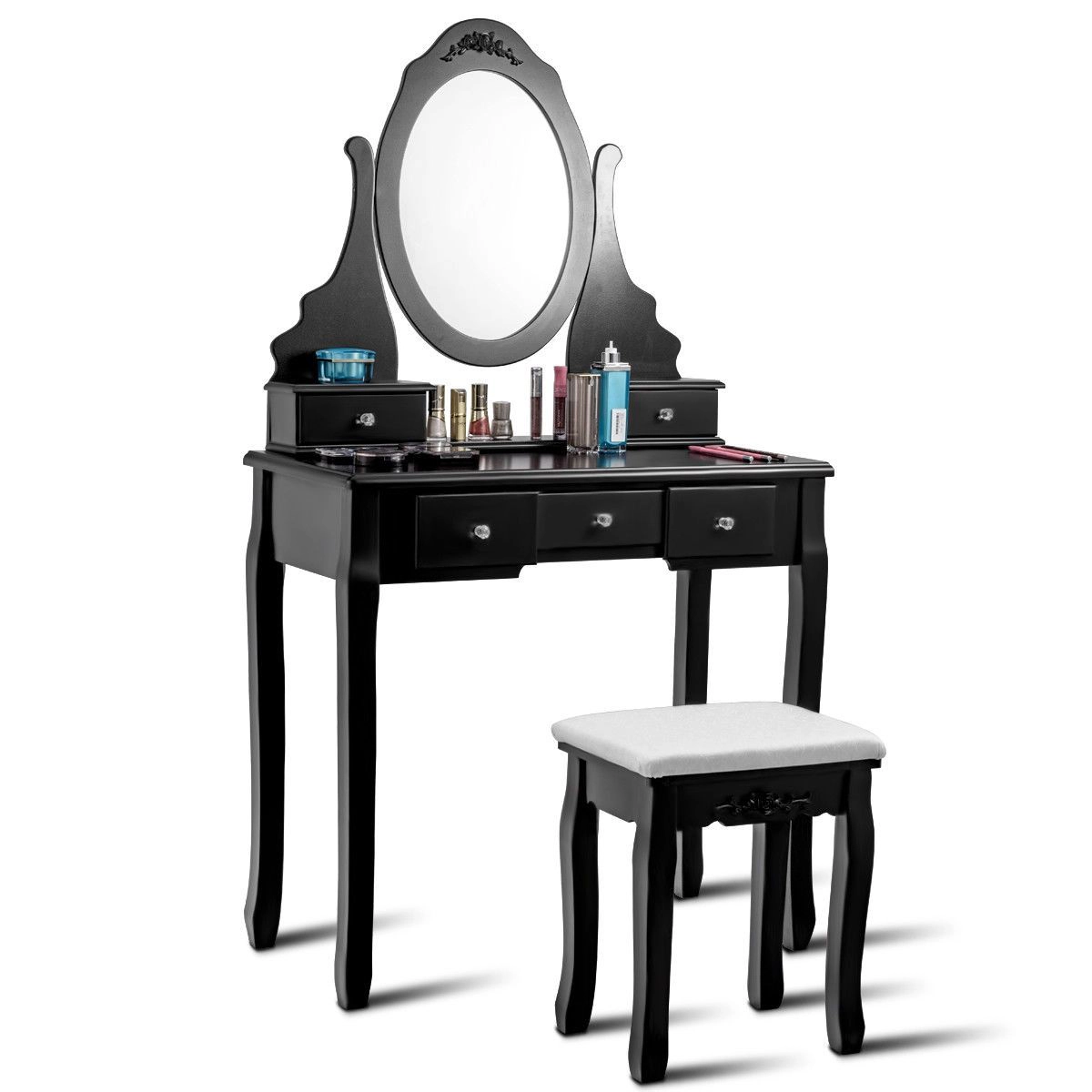 SlickBlue Mirrored Vanity Table Set with Stool and 5 Storage Drawers