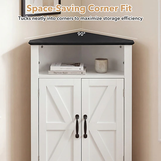 SUGIFT 4-Tier 33-in Freestanding Corner Storage Cabinet with Doors and Open Shelf for Bathroom Kitchen