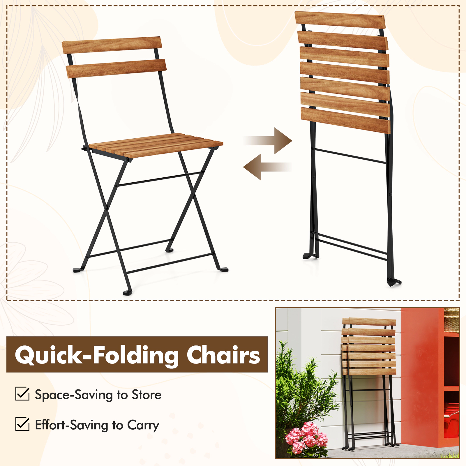 SUGIFT Folding Bistro Dining Set with Slatted Seat and Tabletop 330-lb Chair Capacity 165-lb Table Capacity Brown