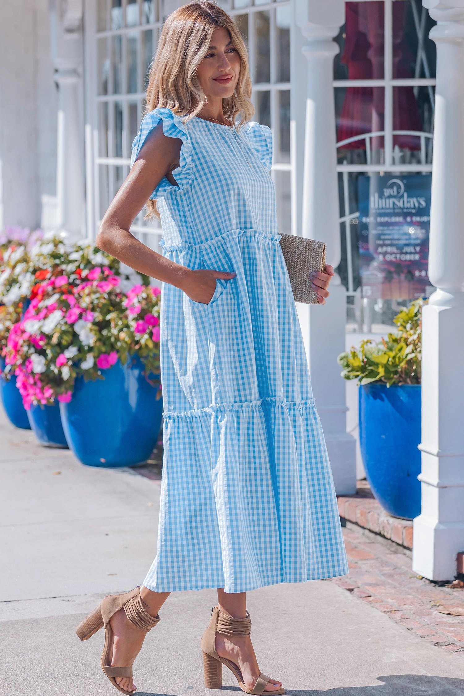 Threaded Pear Womens Deborah Sleeve Gingham Maxi Dress - Sky Blue