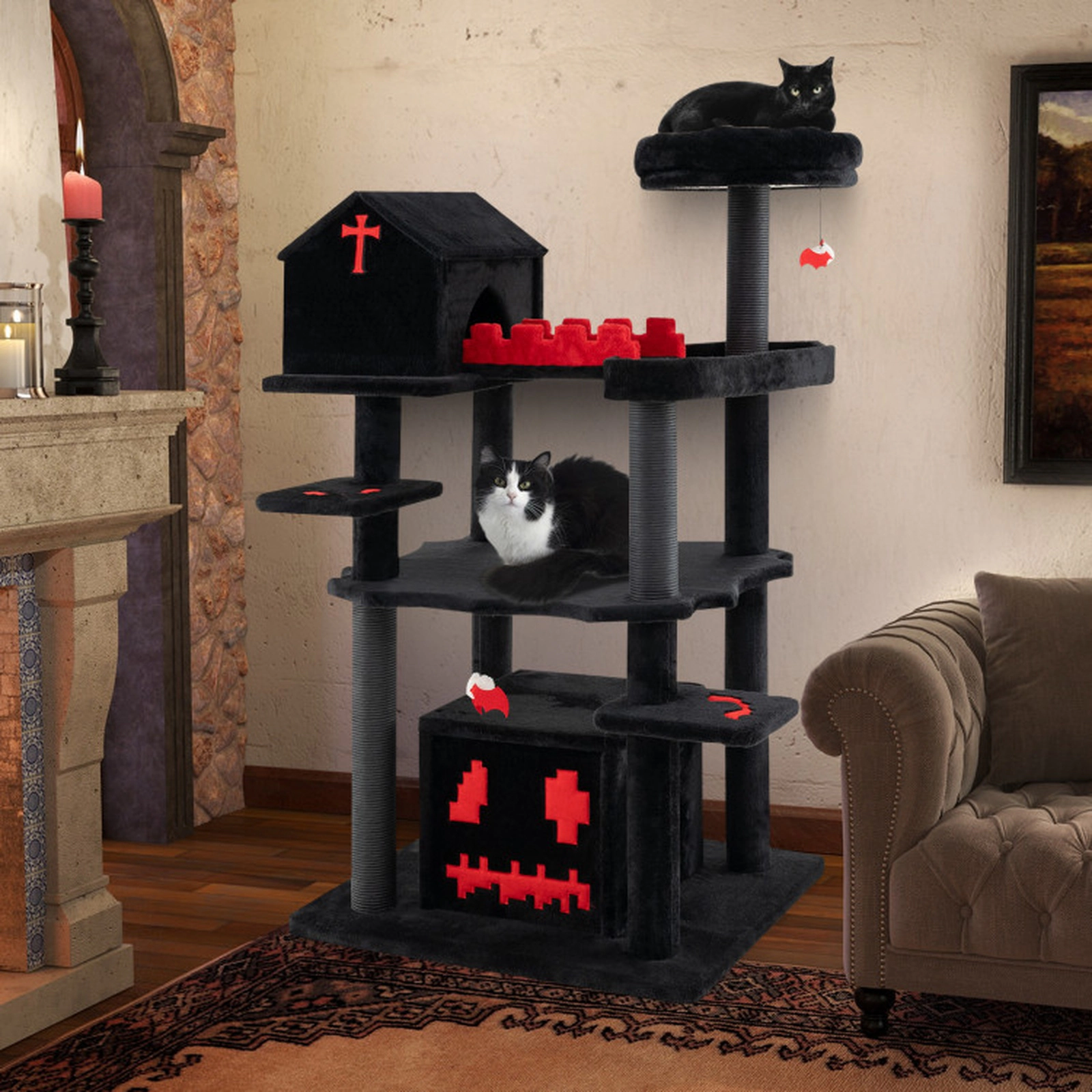 SUGIFT 49-in 6-Tier Gothic Cat Tree Tower with 2 Condos Fenced Coffin Bed 15-in Top Perch and Sisal Posts