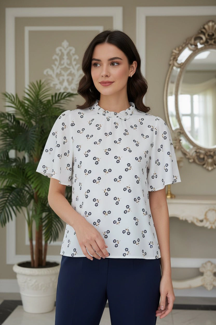 DressAtR Women's Ruffle High Neck Button Back Short Sleeve Blouse