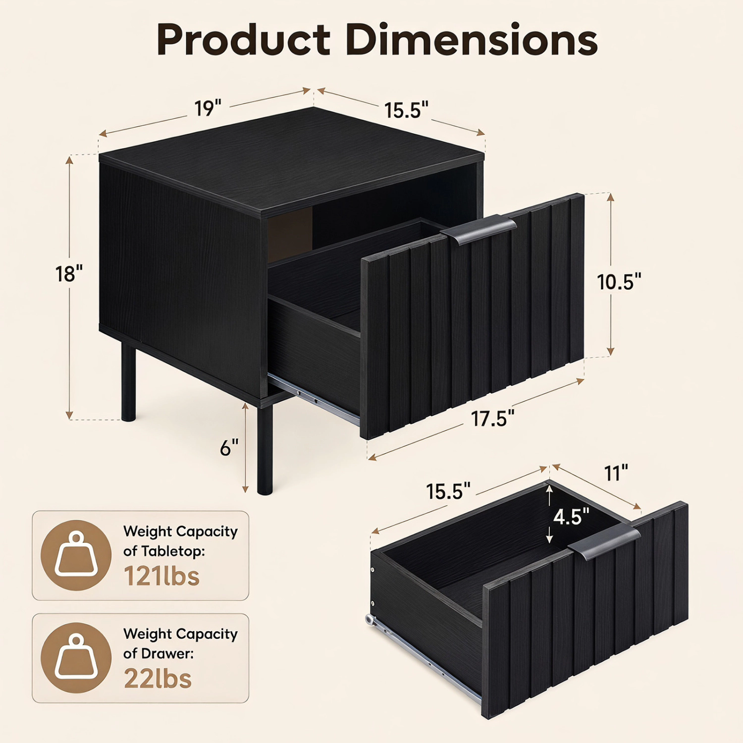 LJG Black Modern Nightstand with Vertical-Striped Storage Drawer